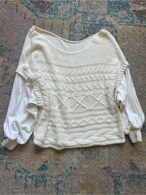 Cable Knit Ivory With Colored Flecks Fleece Sleeves Pullover Wide Neck Sweater